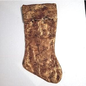 VTG India Gold Silk Swirl 18"Tall Christmas Stocking Silk Lined 2 Bell Dangles